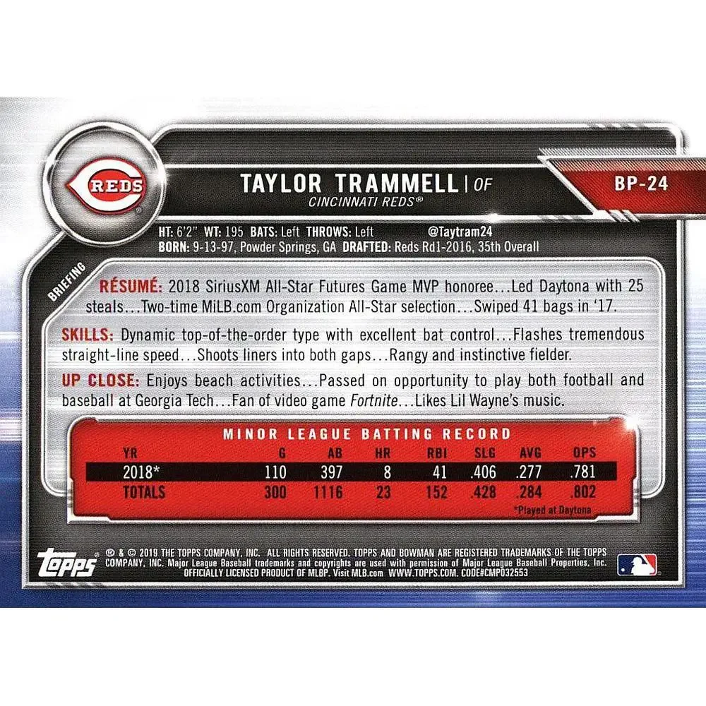 2019 Bowman Prospects Taylor Trammell #BP-24 Cincinnati Reds